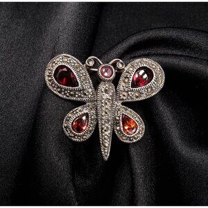 Vintage 925 Sterling Silver Butterfly Brooch With Red Gemstone Accents & Marcasi